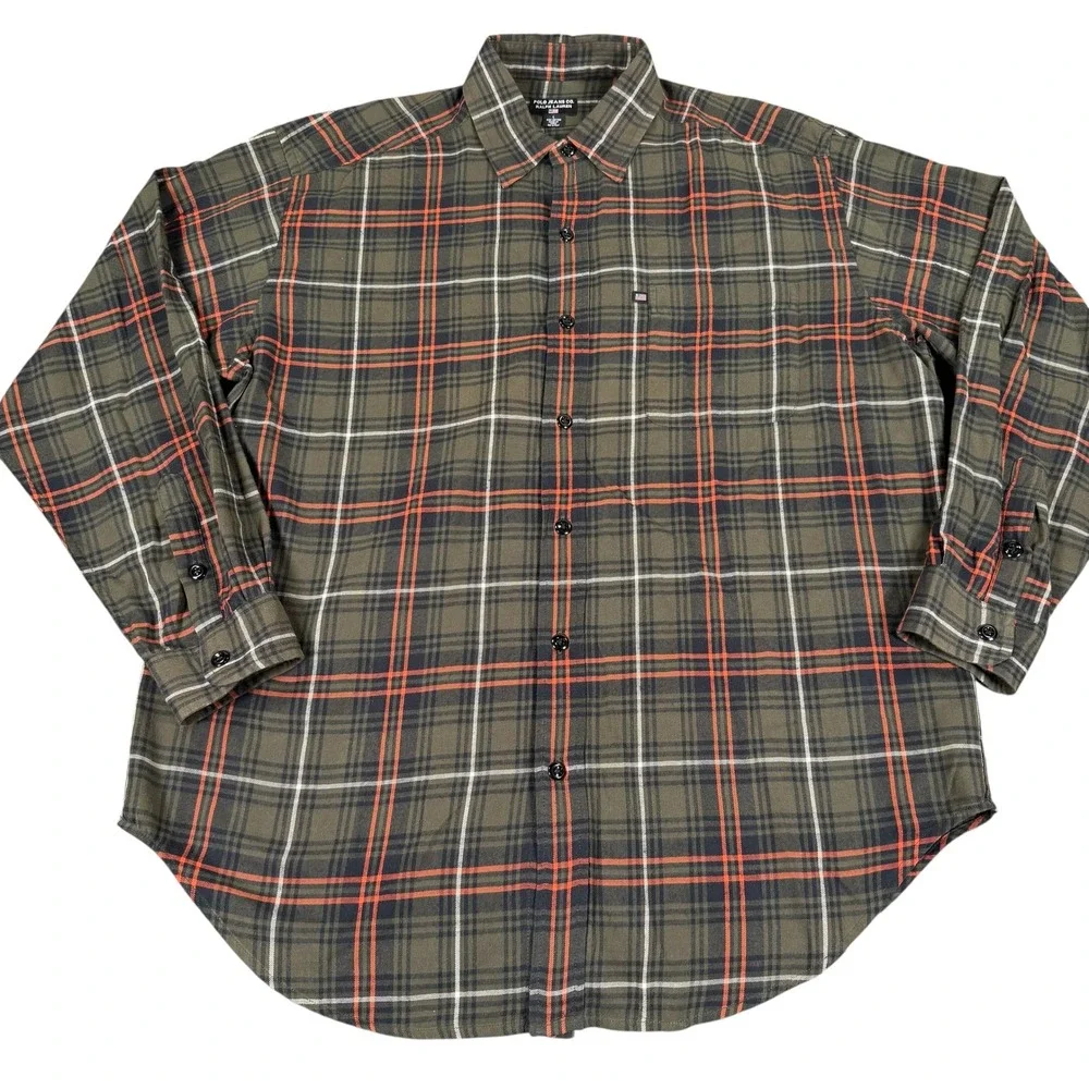 Polo Jeans Co Ralph Lauren Men's Large Plaid Flannel Shirt Green Orange Vintage